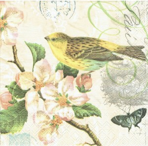 Serwetka decoupage 33x33 cm - ptak, kwiaty, motyl