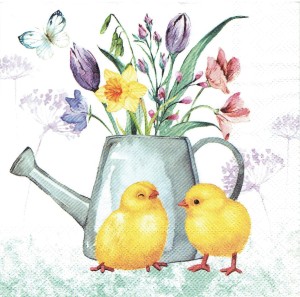 Serwetka decoupage 33x33 cm - kurczaki, konewka, kwiaty