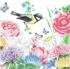 Serwetka decoupage 33x33 cm - kwiaty, ptak