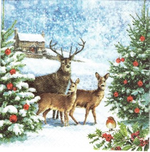 Serwetka decoupage 33x33 cm - jelenie, sarny, sarenki, choinki, zima