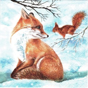 Serwetka decoupage 33x33 cm - lis, wiewiórka, zima
