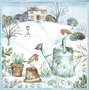 Serwetka decoupage 33x33 cm - ptaki, konewka, ogród, dom, zima