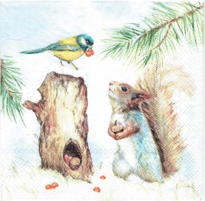 Serwetka decoupage 33x33 cm - wiewiórka, ptak, zima