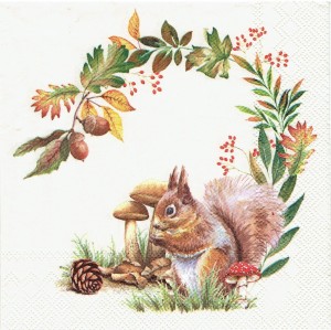 Serwetka decoupage 33x33 cm - wiewiórka, grzyby, liście
