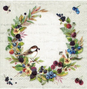Serwetka decoupage mała 25x25cm - ptak, owoce, wianek