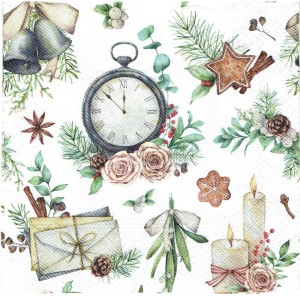 Serwetka decoupage 33x33 cm - zegar, stroiki, święta