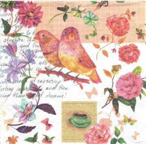 Serwetka decoupage 33x33 cm - ptaki, kwiaty, napisy