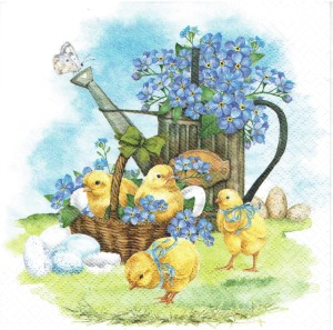 Serwetka decoupage 33x33 cm - Wielkanoc, kurczaki, niezapominajki