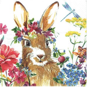Serwetka decoupage mała 25x25cm - Wielkanoc, zając, kwiaty