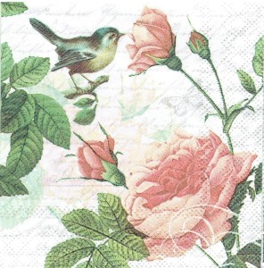 Serwetka decoupage mała 25x25cm - Kwiaty, róże, ptak, napisy