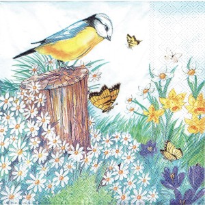 Serwetka decoupage 33x33 cm - ptak, kwiaty, motyle