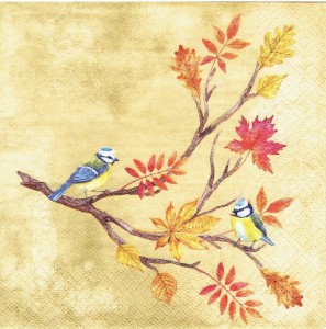 Serwetka decoupage 33x33 cm - ptaki, sikorki, gałązki, liście