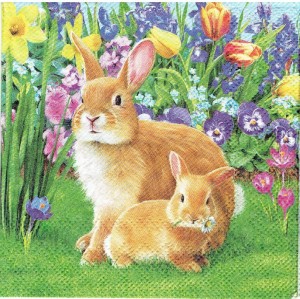 Serwetka decoupage mała 25x25cm - zajączki, kwiaty