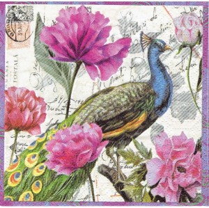 Serwetka decoupage mała 25x25cm - ptak, paw, kwiaty