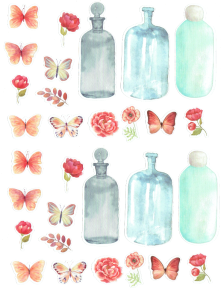 Naklejki foliowe zestaw 30 sztuk - kwiaty, motyle, liście, butelki