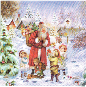 Serwetka decoupage mała 25x25cm - Mikołaj, dzieci, widok, zima