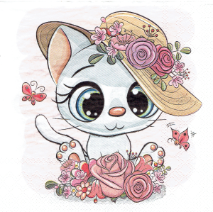 Serwetka decoupage 33x33 cm - kot, kotek, kwiaty