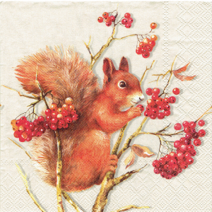 Serwetka decoupage 33x33 cm - wiewiórka, jarzębina