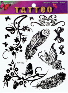 Tatuaże zmywalne czarne 13x15cm - kwiaty, pióra, motyl