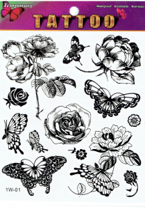 Tatuaże zmywalne czarne 13x15cm - kwiaty, róże, motyle