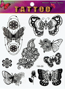 Tatuaże zmywalne czarne 13x15cm - kwiaty, motyle