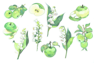 Naklejki foliowe zestaw 10 sztuk - kwiaty, konwalie, owoce, jabłka