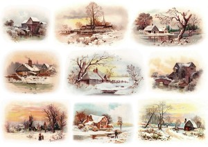 Papier klasyczny A4 do decoupage - widok, pejzaż, zima 