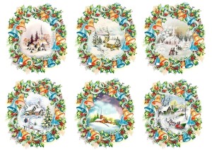 Papier klasyczny A4 do decoupage - widok, pejzaż, zima, ramki, dzwonki