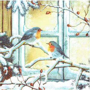 Serwetka decoupage 33x33 cm - Ptaki za oknem, ptaszki, zima