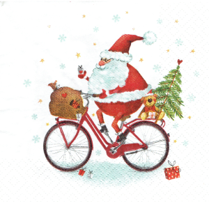 Serwetka decoupage 33x33 cm - Mikołaj na rowerze