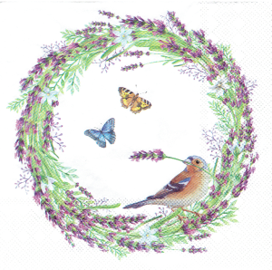 Serwetka decoupage 33x33 cm - lawenda, kwiaty, wianek, ptak, motyle