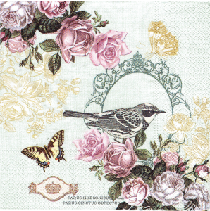Serwetka decoupage 33x33 cm - ptak, ptaszek, kwiaty, róże, motyle