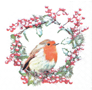 Serwetka decoupage mała 25x25cm - ptak, ptaszek, wianek, ostrokrzew