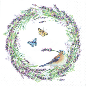 Serwetka decoupage mała 25x25cm - lawenda, kwiaty, wianek, ptak, motyle
