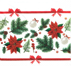 Serwetka decoupage 33x33 cm - kwiaty, gwiazda betlejemska, gałązki