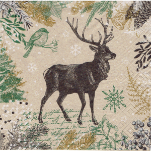Serwetka decoupage 33x33 cm - jeleń, gałązki, napisy, ptak