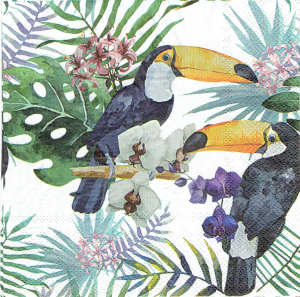 Serwetka decoupage 33x33 cm - ptak, Tukany, liście, kwiaty tropikalne