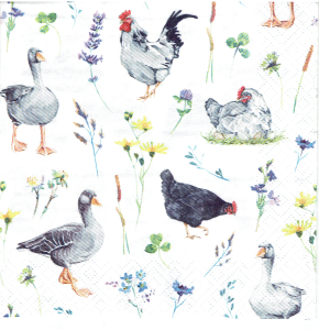 Serwetka decoupage 33x33 cm - kury, koguty, gęsi, kwiaty