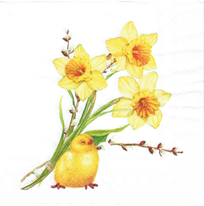 Serwetka decoupage 33x33 cm - kurczaki, kwiaty, narcyzy