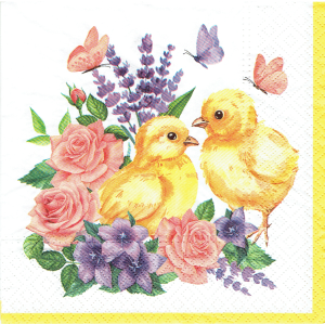 Serwetka decoupage 33x33 cm - Wielkanoc, kurczaki, kwiaty, motyle