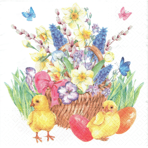 Serwetka decoupage 33x33 cm - Wielkanoc, kurczaki, kwiaty, motyle, koszyk