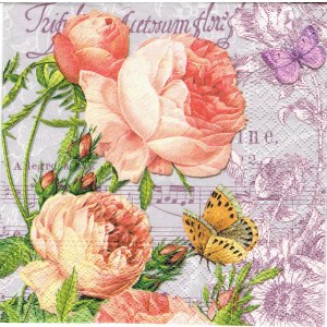 Serwetka decoupage mała 25x25cm - kwiaty, róże, nuty, motyle