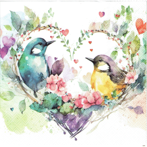 Serwetka decoupage 33x33 cm - ptaki, kwiaty, serce