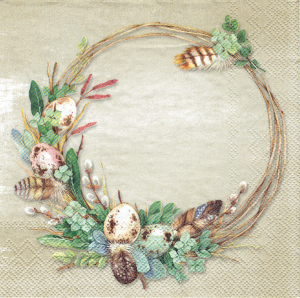 Serwetka decoupage 33x33 cm - Wielkanoc, jajka, pióra, wianek