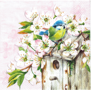 Serwetka decoupage mała 25x25cm - ptak, ptaszek, budka, kwiaty