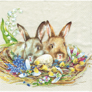 Serwetka decoupage mała 25x25cm - zające, zajączki, gniazdko, kwiaty 