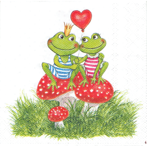 Serwetka decoupage mała 25x25cm - żaby, żabki, para, grzyby, muchomory