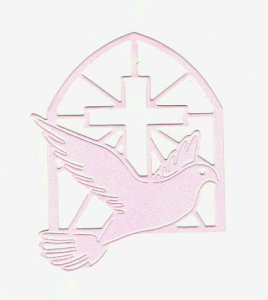 Scrapki papierowe różowe perłowe Komunia, gołąb, krzyż - 5 sztuk 