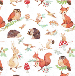 Serwetka decoupage 33x33 cm - zwierzęta leśne, ptaki, grzyby