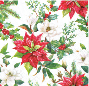 Serwetka decoupage 33x33 cm - Kwiaty, gwiazda betlejemska, ostrokrzew